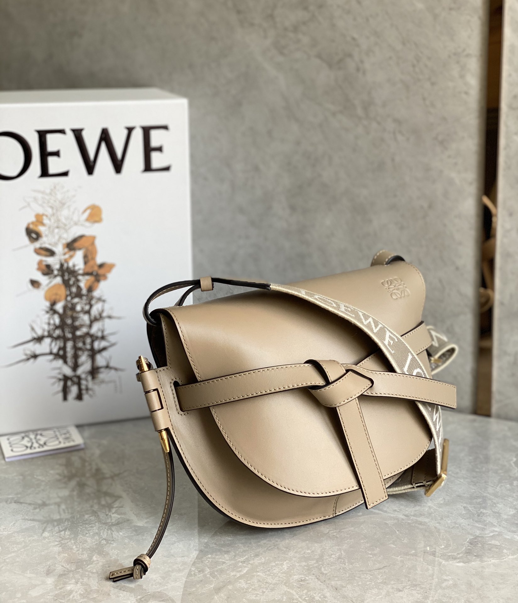 Loewe Small Gate Dual Bag in Soft Calfskin and Jacquard Light Brown